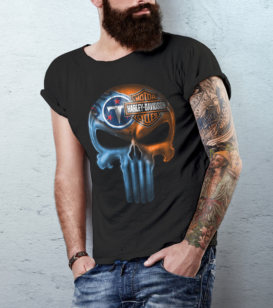 Harley Davidson Motorcycles And Tennessee Titans Logo Skull T-Shirt