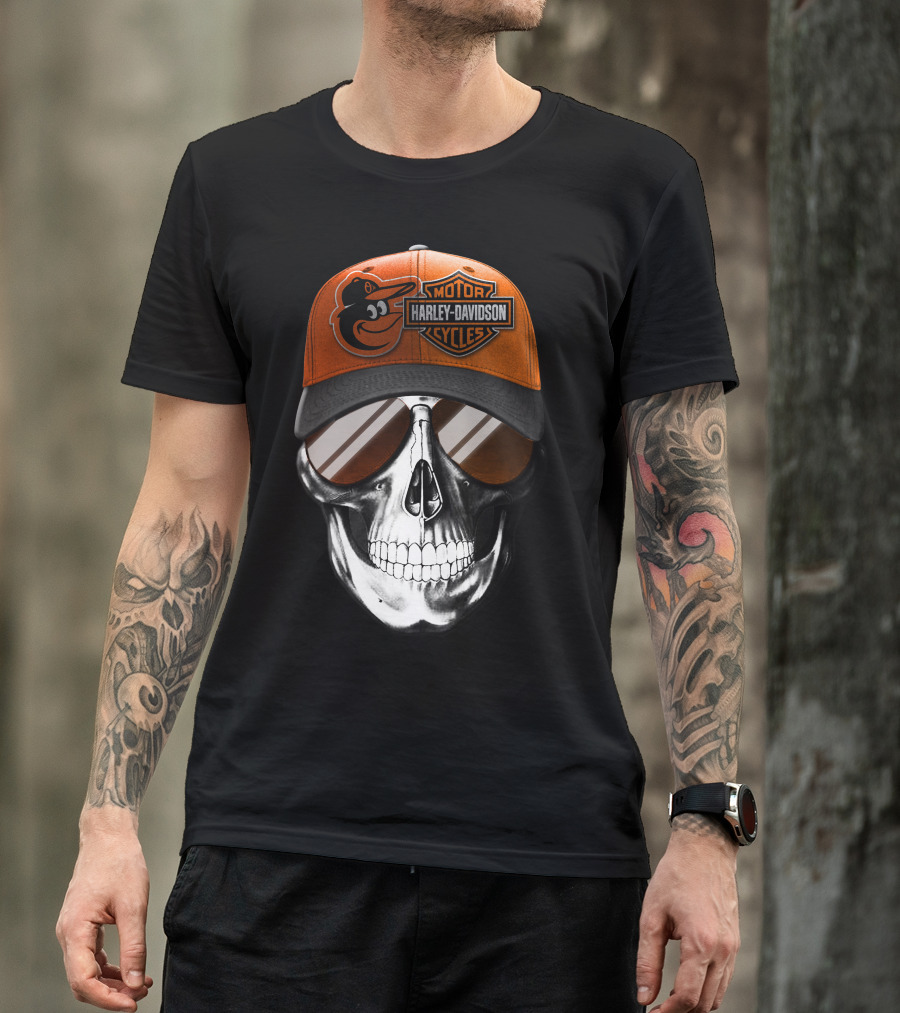 Harley Davidson Motorcycles Orioles Skull Cap T-Shirt