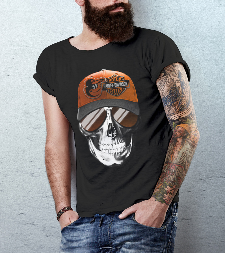 Harley Davidson Motorcycles Orioles Skull Cap T-Shirt