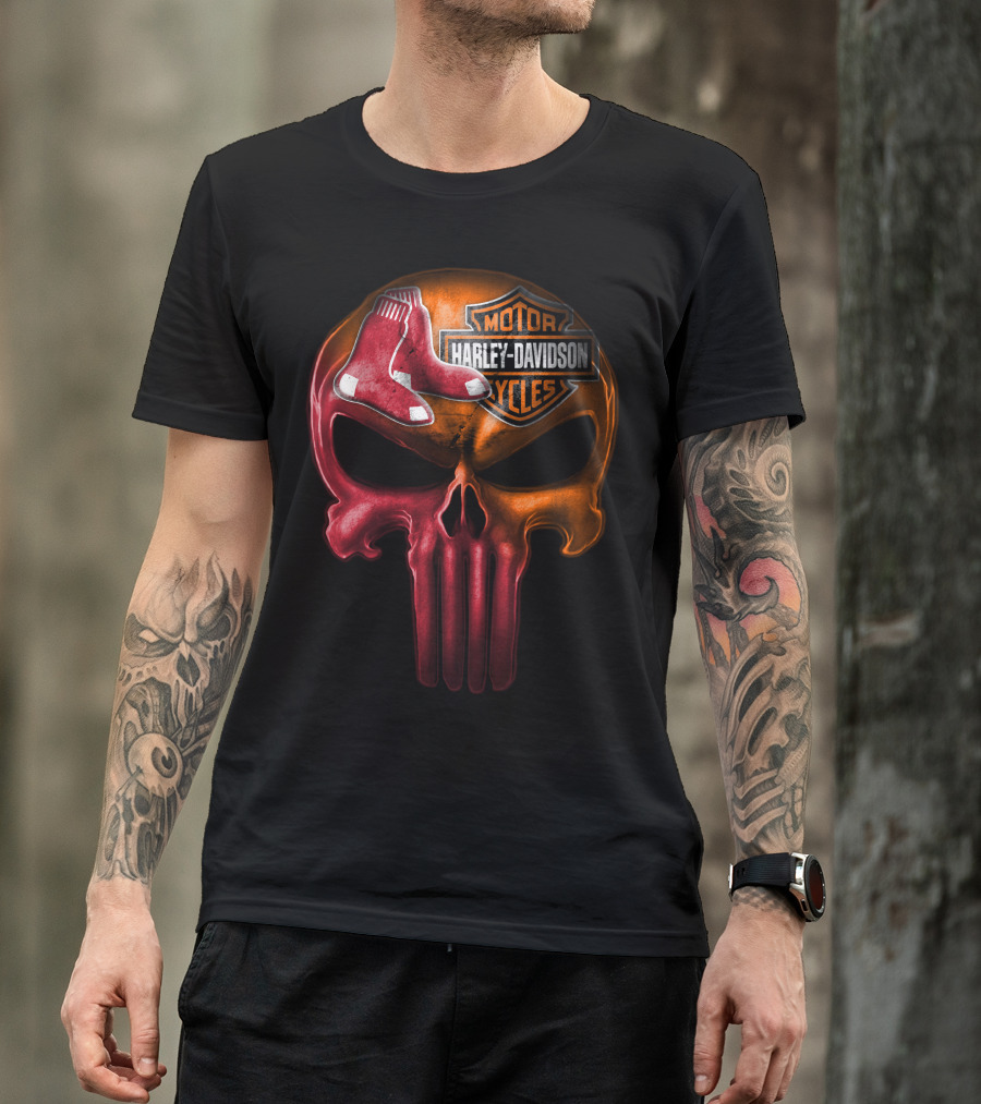 Harley Davidson Motorcycles Red Sox Logo Skull T-Shirt