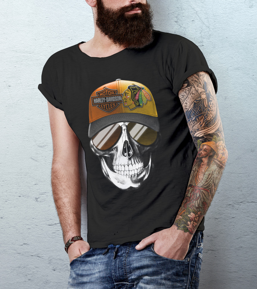 Harley Davidson Chicago Blackhawks Skull Cap T-Shirt
