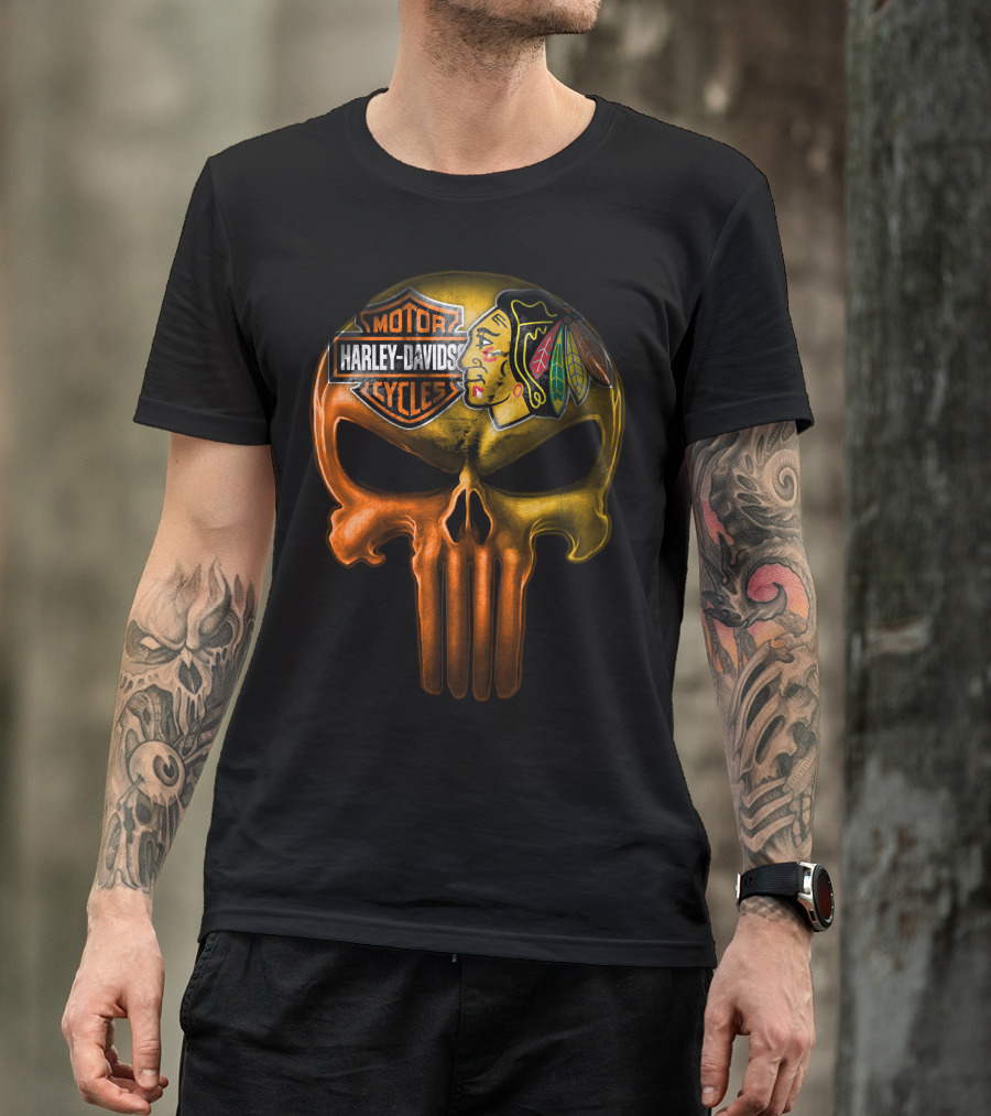 Harley Davidson Punisher Skull Chicago Blackhawks T-Shirt