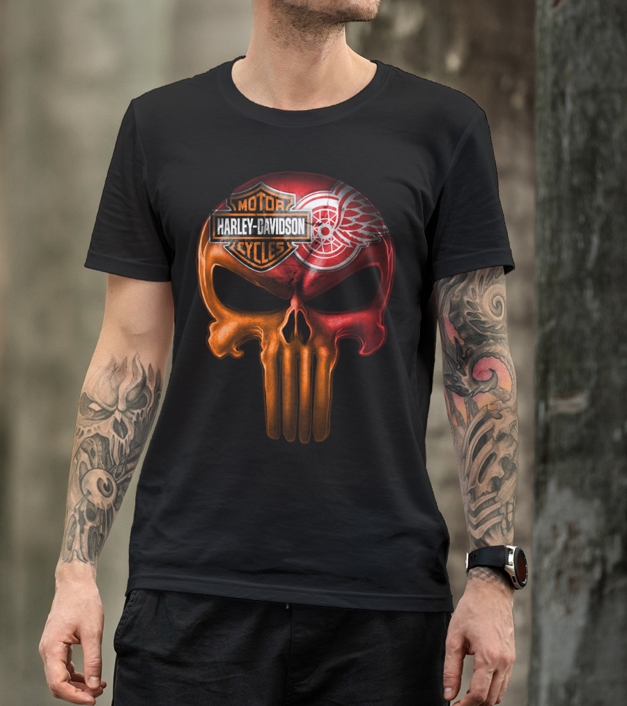 Harley Davidson Motorcycles Detroit Red Wings Punisher Skull T-Shirt