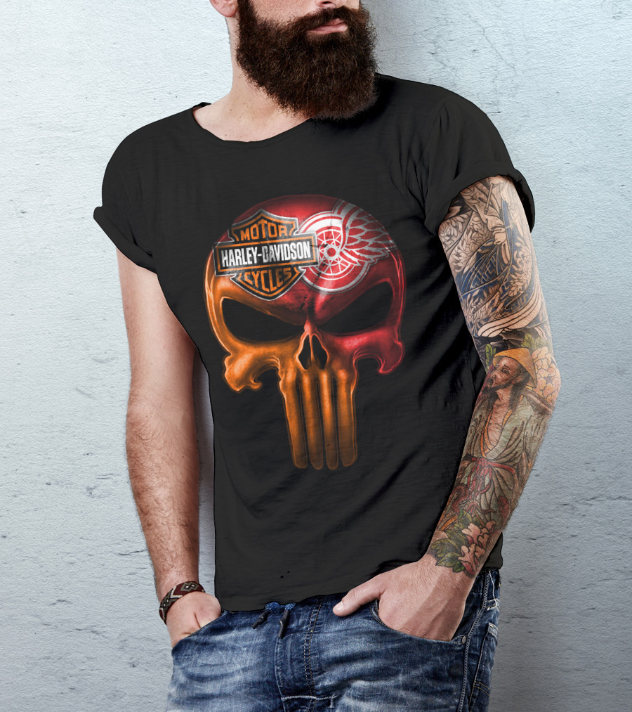 Harley Davidson Motorcycles Detroit Red Wings Punisher Skull T-Shirt