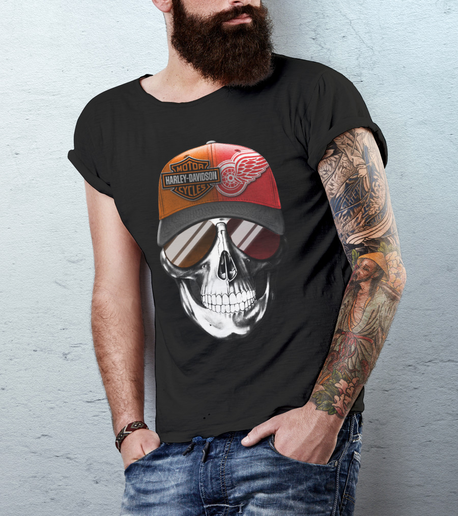 Harley Davidson Motor Cycles Red Wings Skull Cap T-Shirt