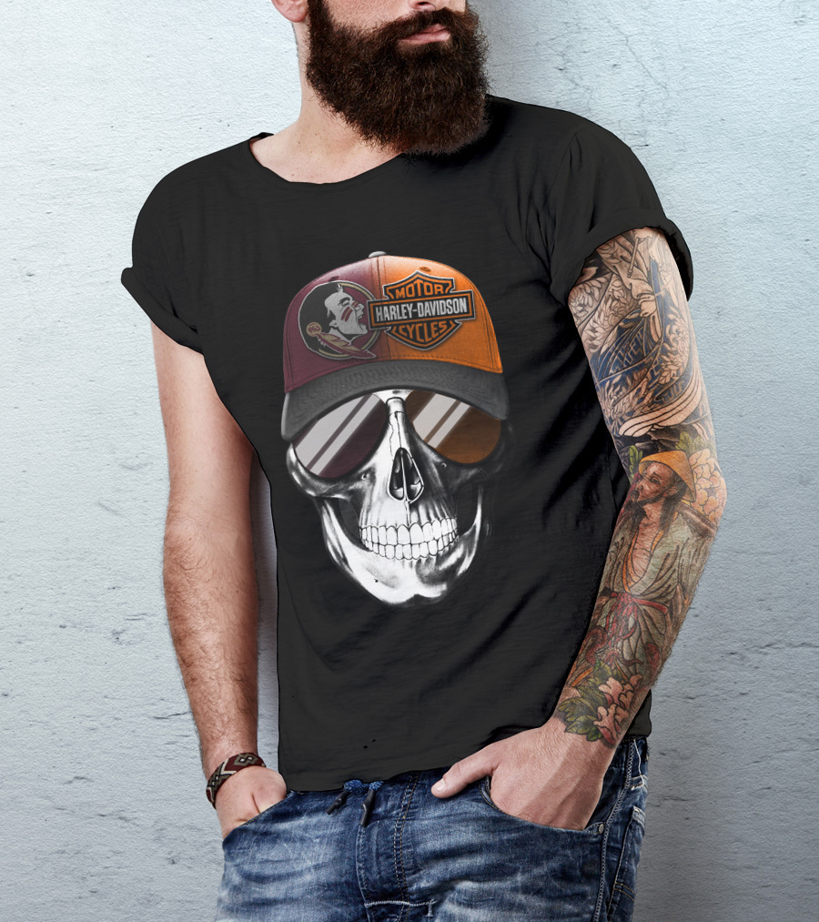 Harley Davidson Motor Cycles Logo Skull With Feathered Logo Cap T-Shirt