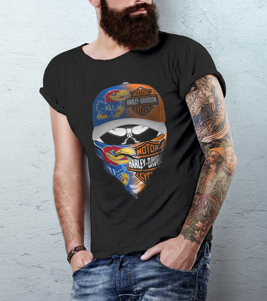 Ku Jayhawks Harley Davidson Skull Motorcycle Fan Gear T-Shirt