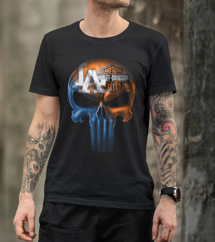 Los Angeles Dodgers Harley Davidson Biker Skull T-Shirt