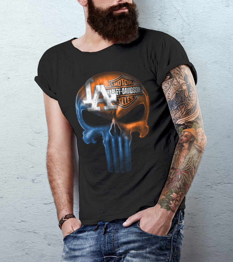 Los Angeles Dodgers Harley Davidson Biker Skull T-Shirt