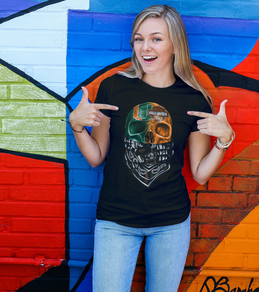 Harley Davidson Skull With Miami Hurricanes Bandana T-Shirt