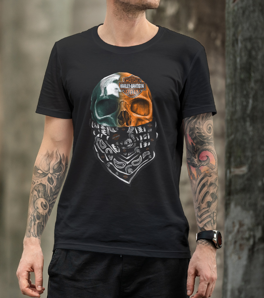 Harley Davidson Skull With Michigan State Spartans Bandana T-Shirt