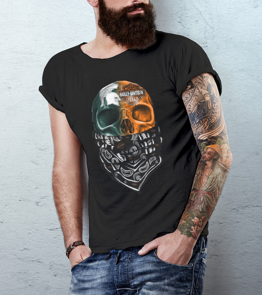 Harley Davidson Skull With Michigan State Spartans Bandana T-Shirt