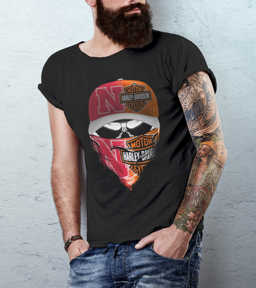 Nebraska Cornhuskers And Harley Davidson Cycles Skull Face Mask Hat Combo T-Shirt