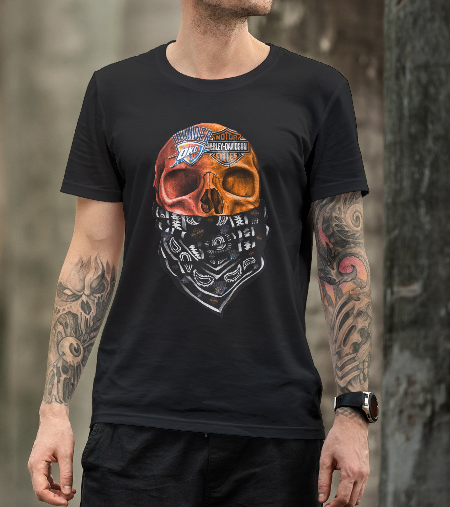 Oklahoma City Thunder Harley Davidson Skull With Bandana T-Shirt