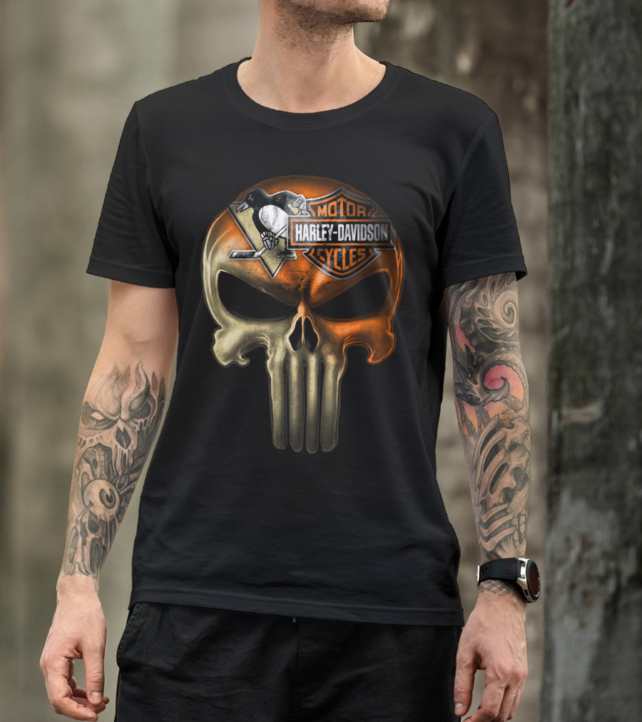 Penguins Harley Davidson Punisher Skull T-Shirt