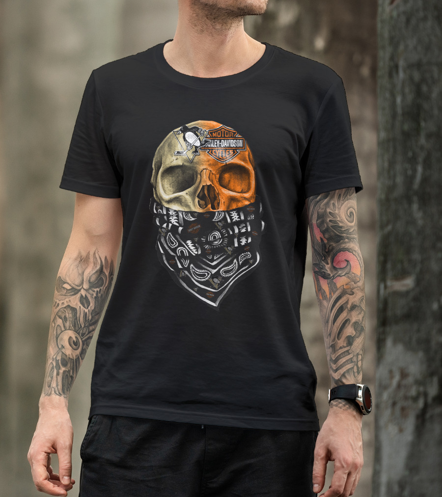 Penguins And Harley Davidson Skull Bandana T-Shirt