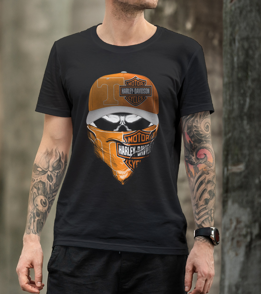 Harley Davidson Motorcycles Skull With Tennessee Volunteers Cap And Bandana T-Shirt