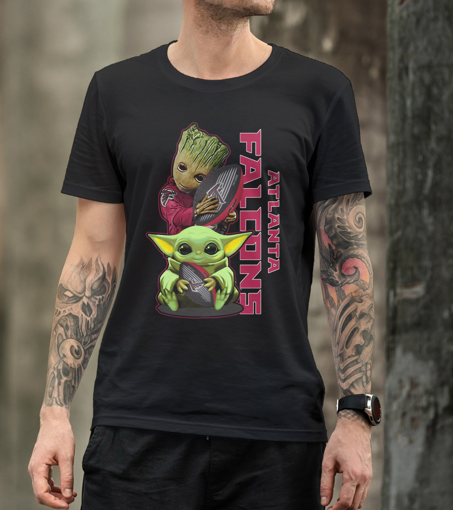 Grzd Atlanta Falcons Baby Groot Yoda Holding Football T-Shirt