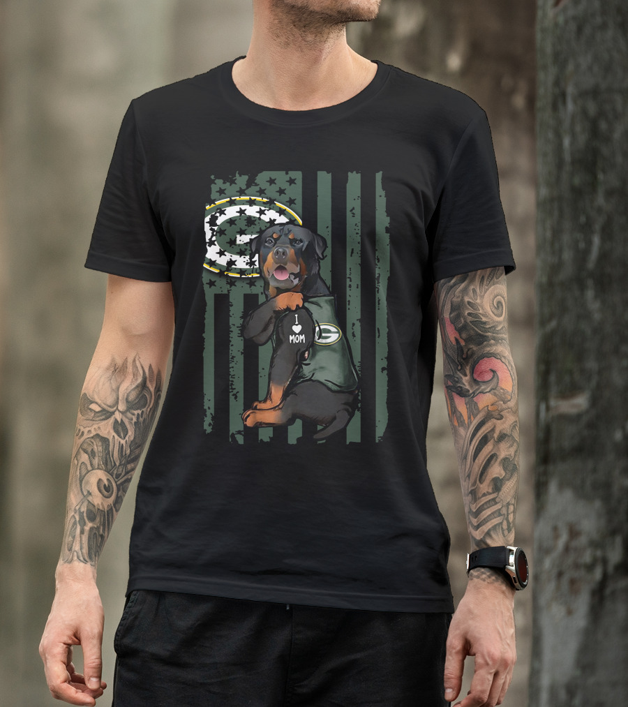 Rottweiler I Love Mom Green Bay Packers Logo Patriotic Flag T-Shirt