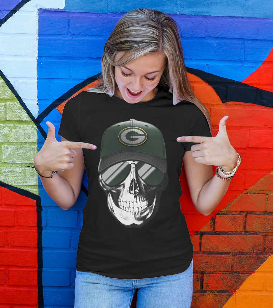 Skull Wearing Green Bay Packers Cap With Sunglasses T-Shirt