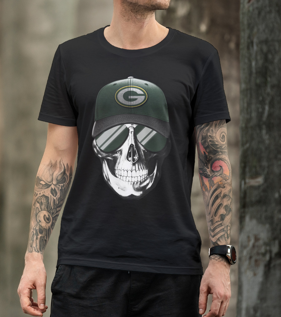 Skull Wearing Green Bay Packers Cap With Sunglasses T-Shirt