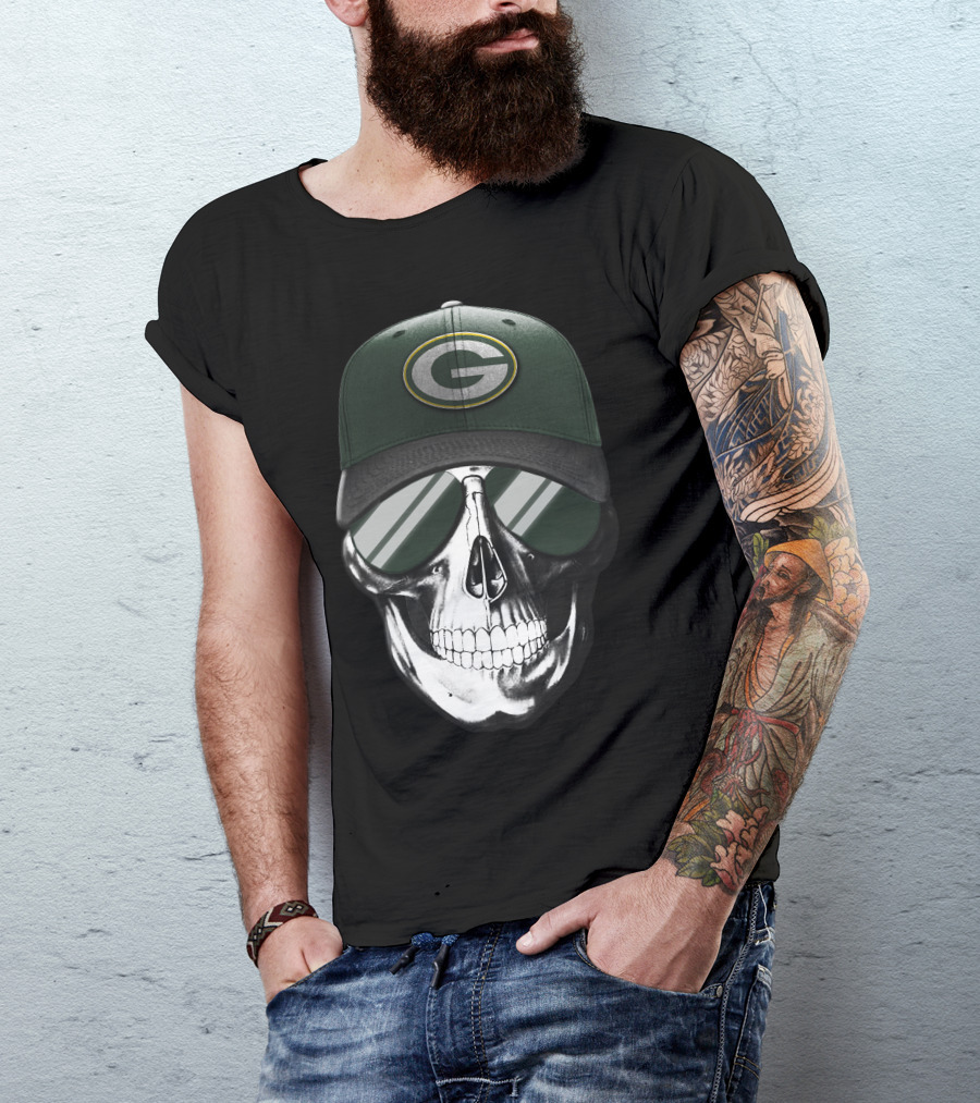 Skull Wearing Green Bay Packers Cap With Sunglasses T-Shirt