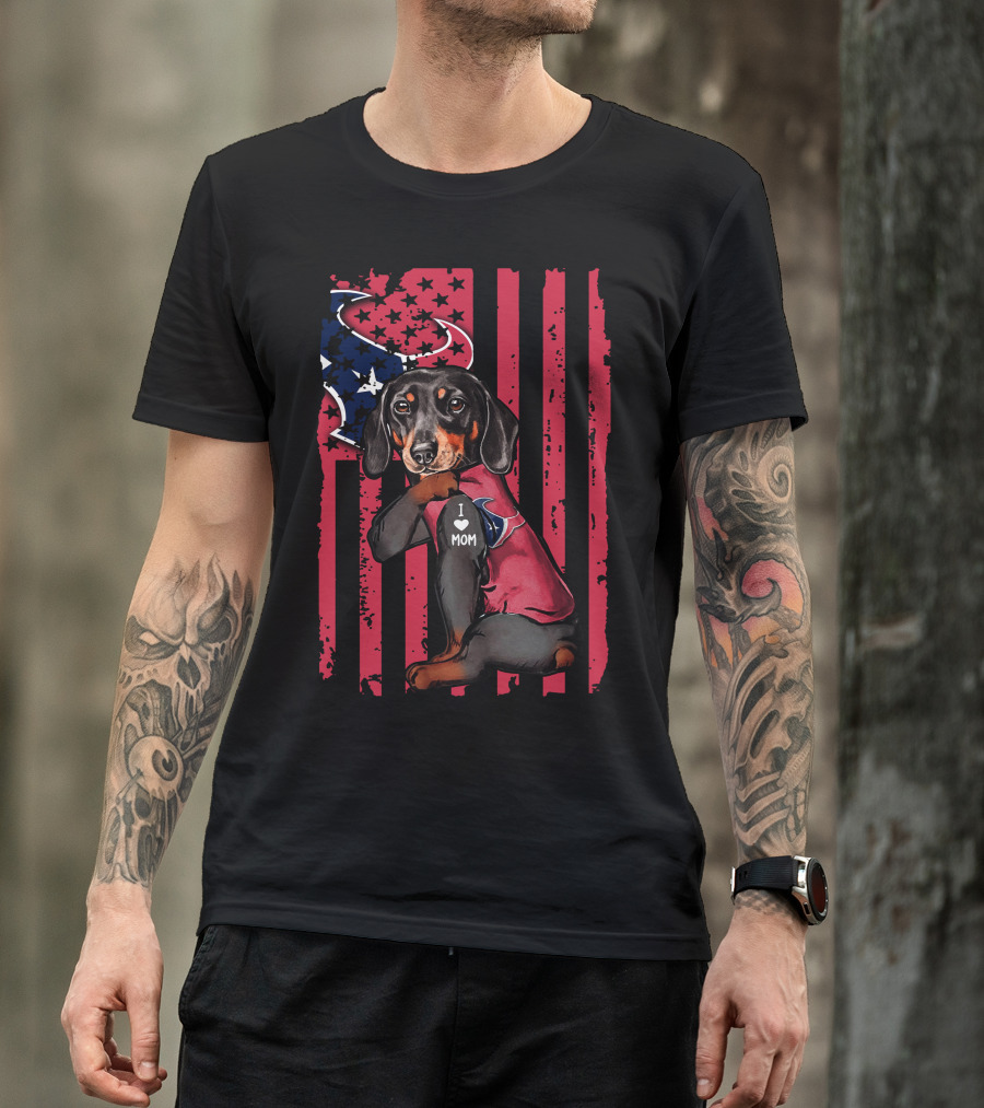 Dachshund I Love Mom Houston Texans Usa Flag Football T-Shirt