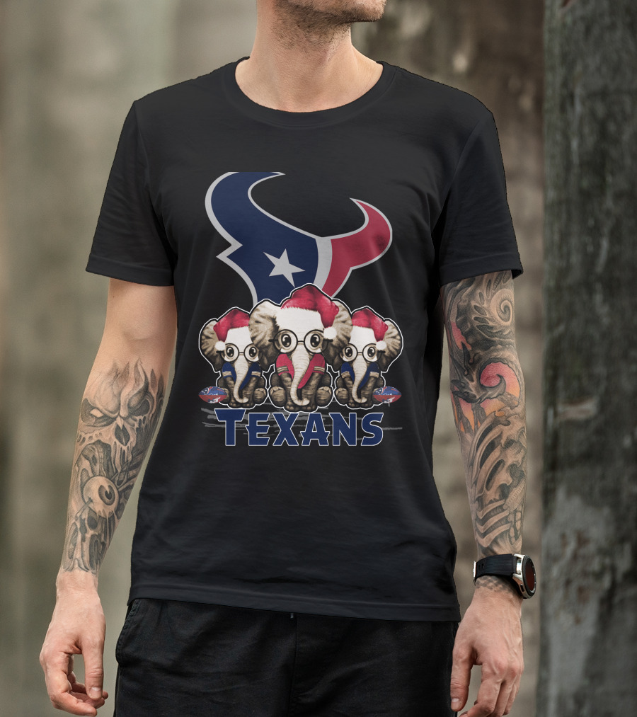Houston Texans Elephant Xmas With Santa Hats And Glasses T-Shirt