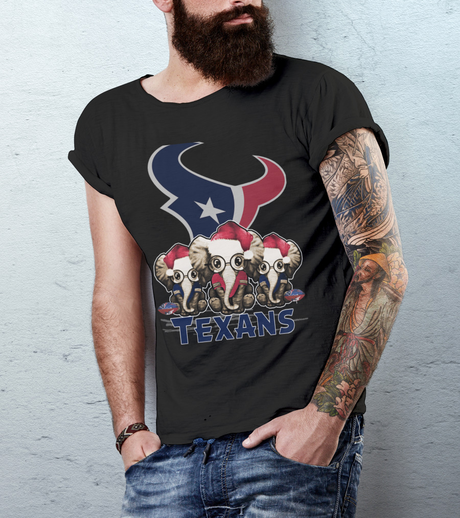 Houston Texans Elephant Xmas With Santa Hats And Glasses T-Shirt