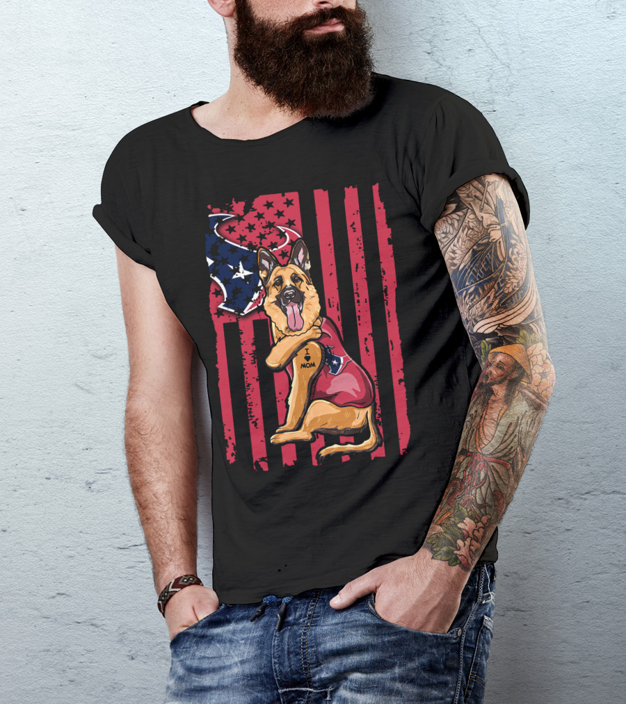 German Shepherd I Love Mom With American Flag And Houston Texans Stars T-Shirt