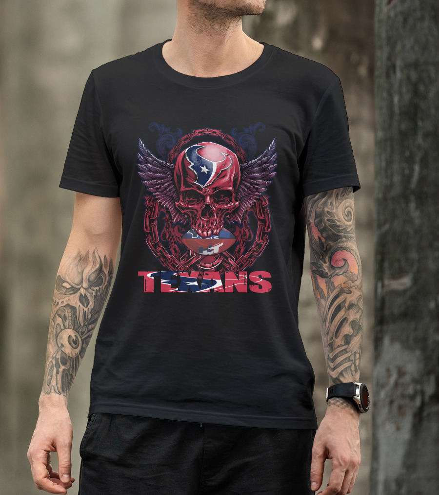 Skullfb Texans Winged Skull With Chains And Football Elements T-Shirt