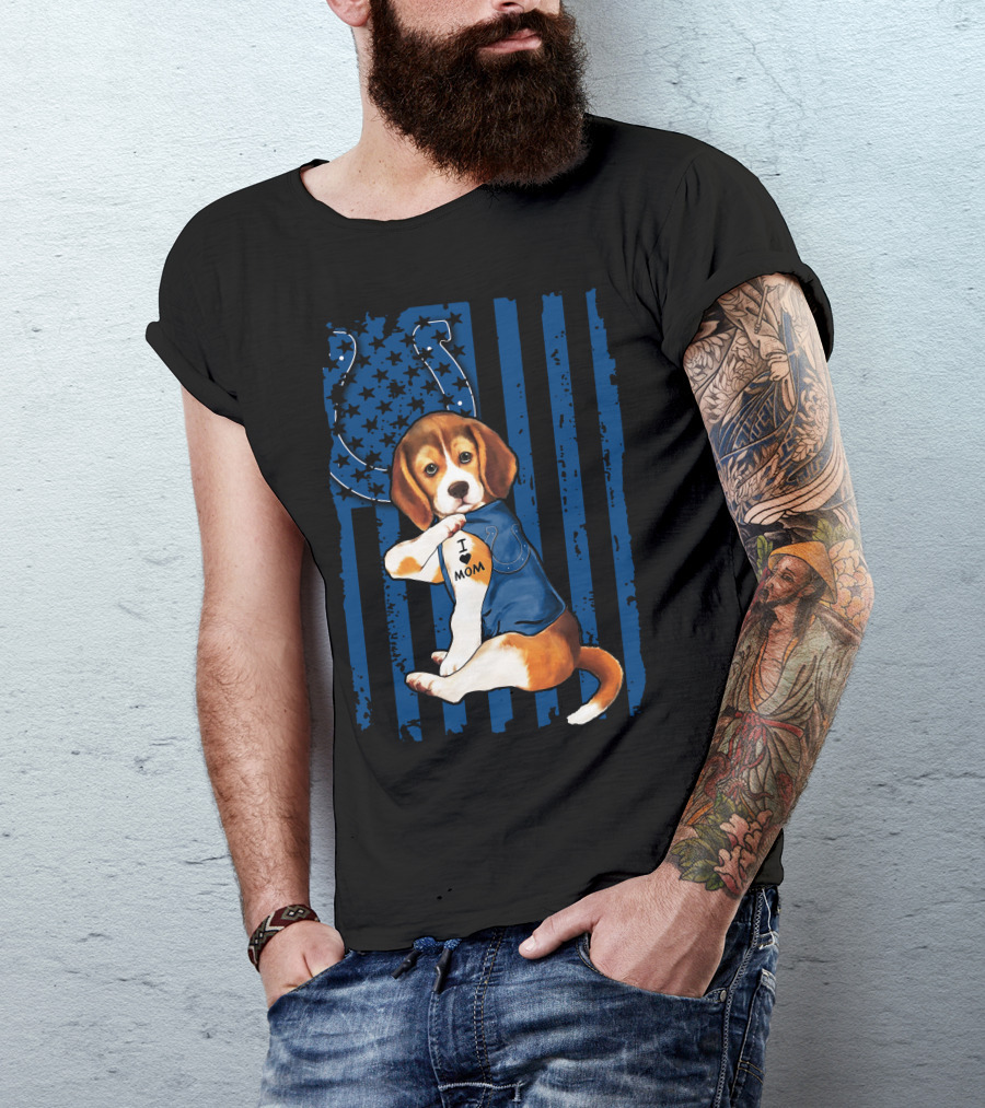 Beagle Puppy In Indianapolis Colts Shirt With I Love Mom Tattoo Flag Background T-Shirt