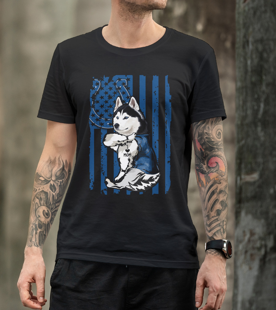 Siberian Husky Mom Colts American Flag T-Shirt