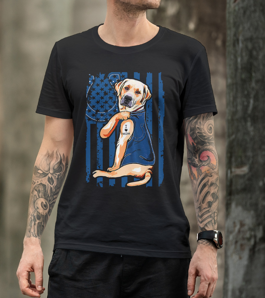 Labrador Retriever With Indianapolis Colts Horseshoe And I Love Mom Tattoo T-Shirt