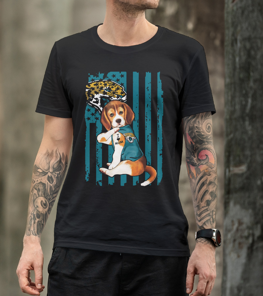 Beagle Wearing Jacksonville Jaguars Jersey With I Love Mom Tattoo And Jaguar T-Shirt