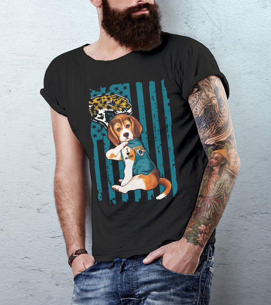 Beagle Wearing Jacksonville Jaguars Jersey With I Love Mom Tattoo And Jaguar T-Shirt