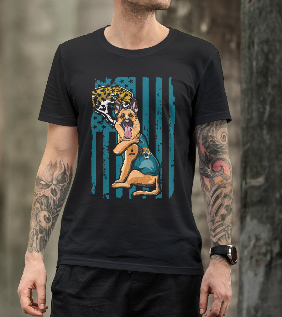 German Shepherd With Jacksonville Jaguars Tattoo And Flag Background T-Shirt