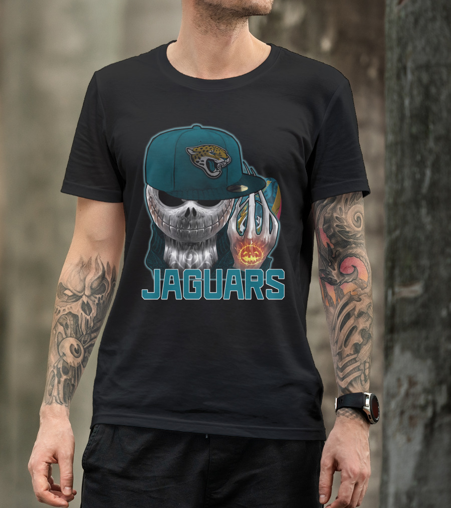 Jackskull Jaguars Halloween Skull Holding Pumpkin With Jaguars Logo Hat T-Shirt