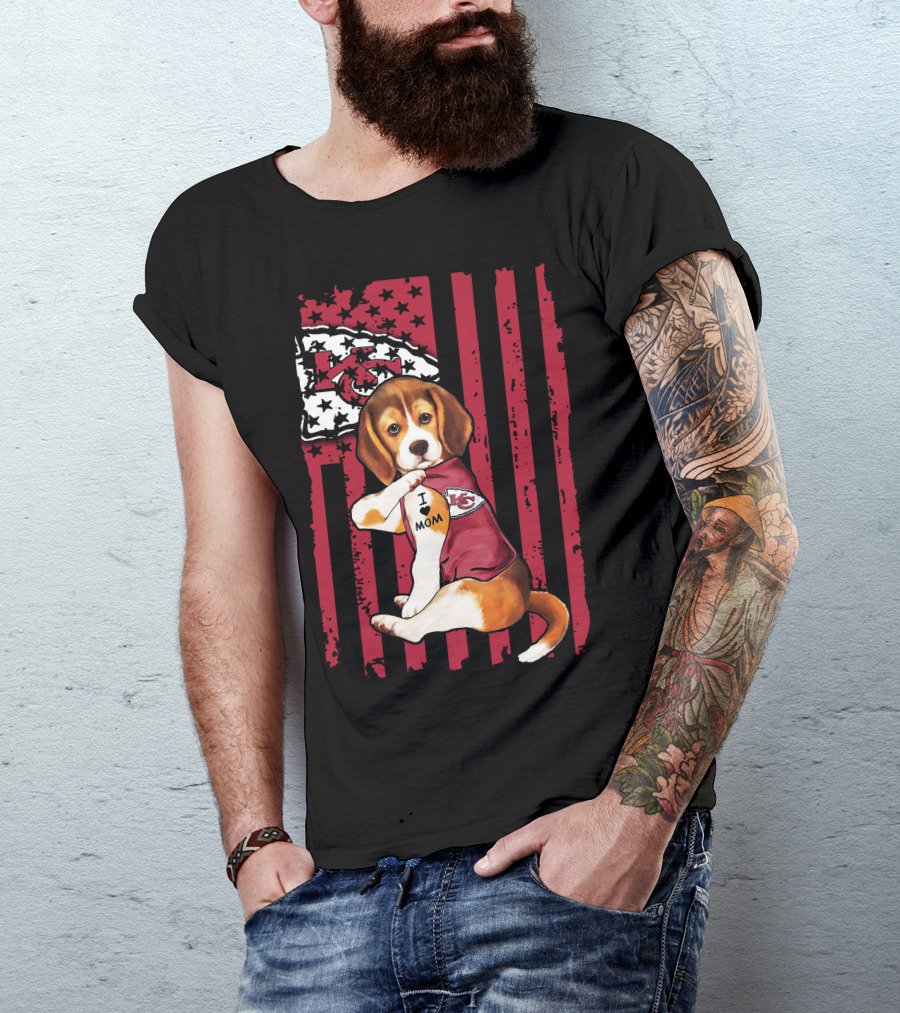 Beagle I Love Mom Kansas City Chiefs USA Flag T-Shirt