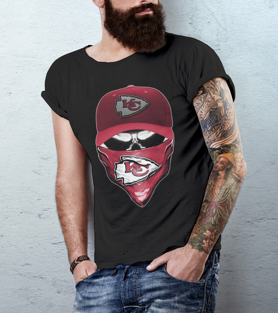Skull With Kansas City Chiefs Cap And Bandana T-Shirt