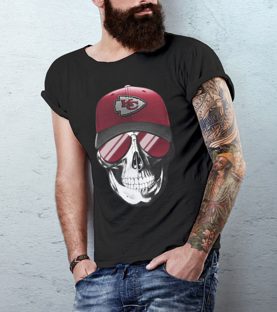 Skull With Kansas City Chiefs Hat And Sunglasses T-Shirt