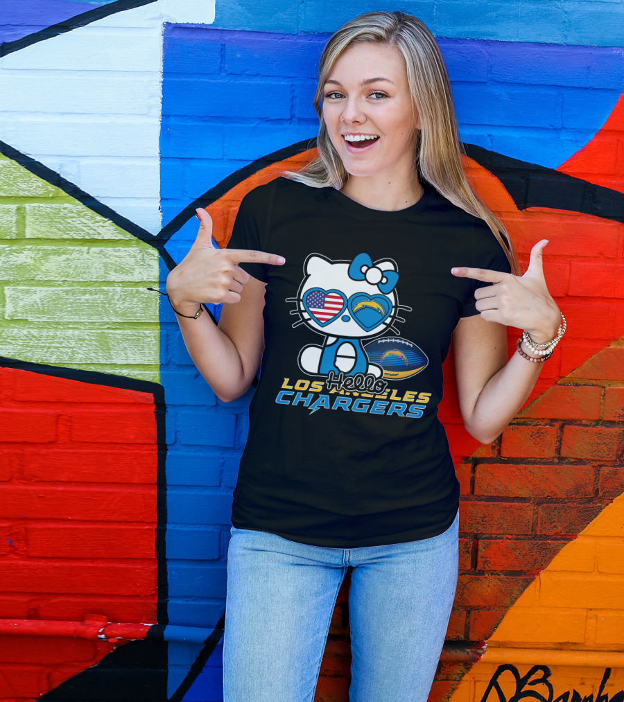 Hello Kitty Los Angeles Chargers Football American Flag Hearts T-Shirt