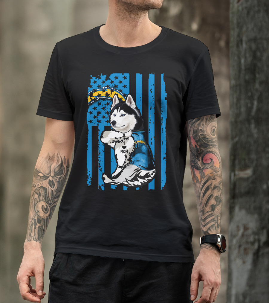 Siberian Husky I Love Mom Los Angeles Chargers Blue Stars T-Shirt