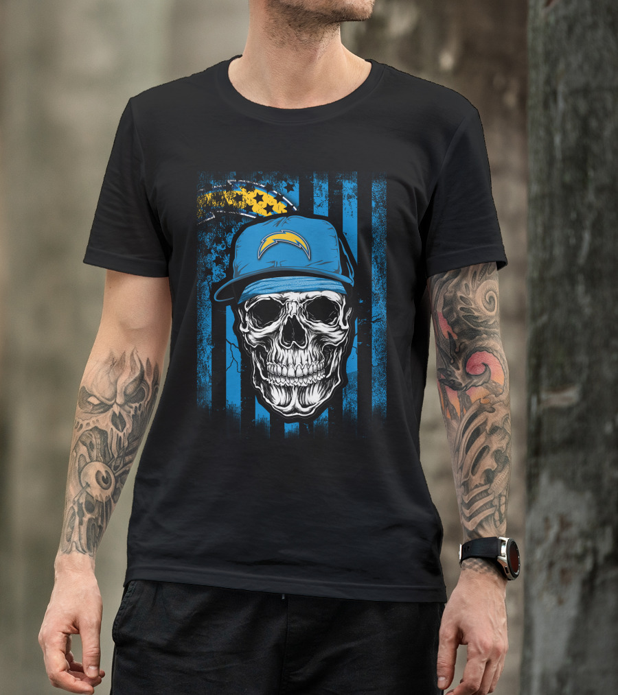 Skull With Los Angeles Chargers Lightning Bolt Hat On T-Shirt