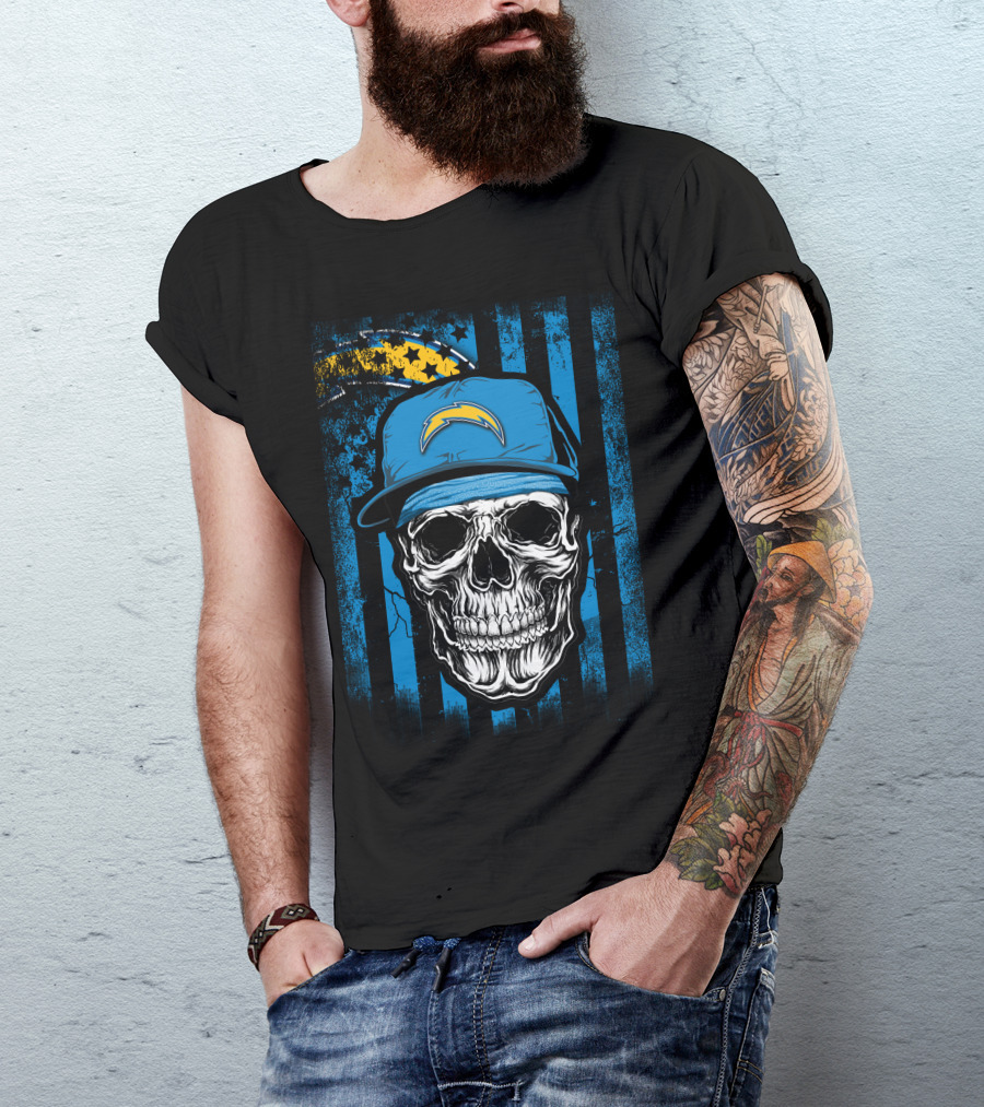 Skull With Los Angeles Chargers Lightning Bolt Hat On T-Shirt