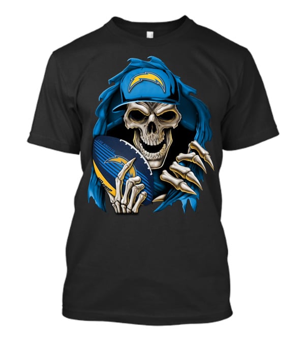 Skullbong Los Angeles Chargers Skeleton Holding Football With Blue Hood And Cap T-Shirt