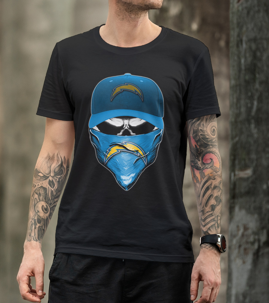 Skull Wearing Los Angeles Chargers Cap And Bandana T-Shirt
