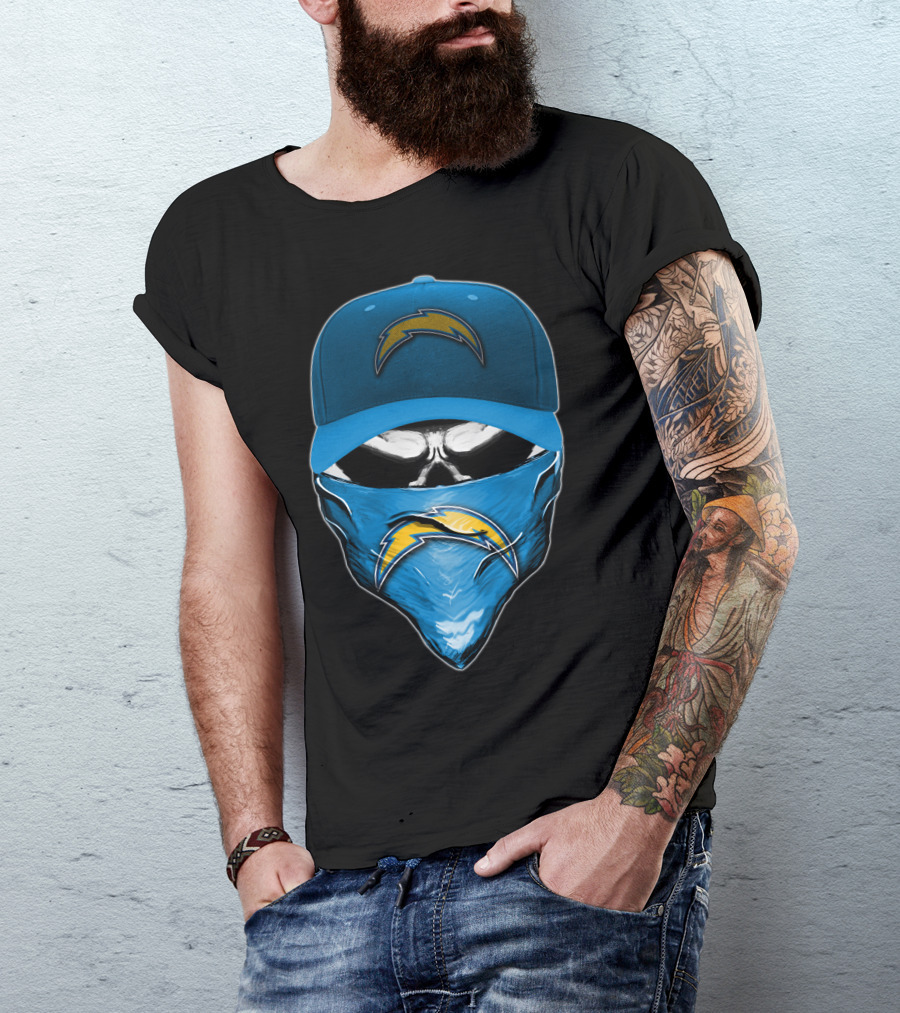 Skull Wearing Los Angeles Chargers Cap And Bandana T-Shirt