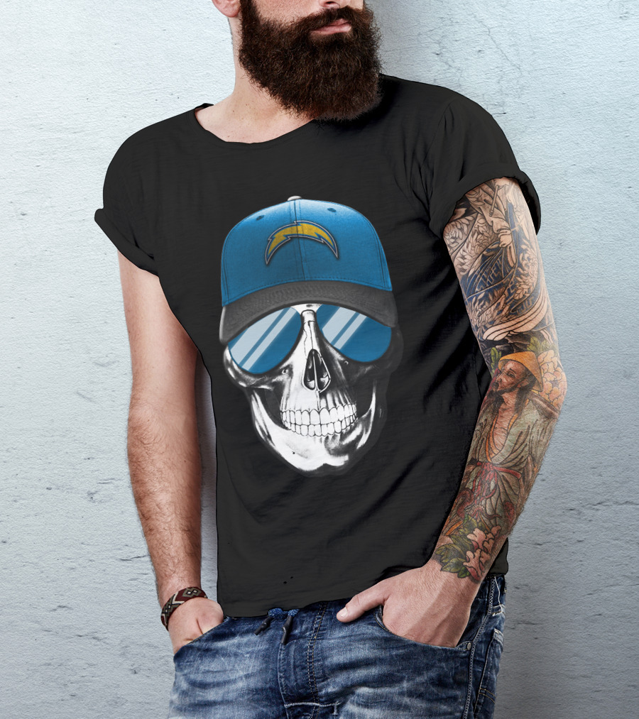 Skull Wearing Los Angeles Chargers Cap With Blue Sunglasses T-Shirt