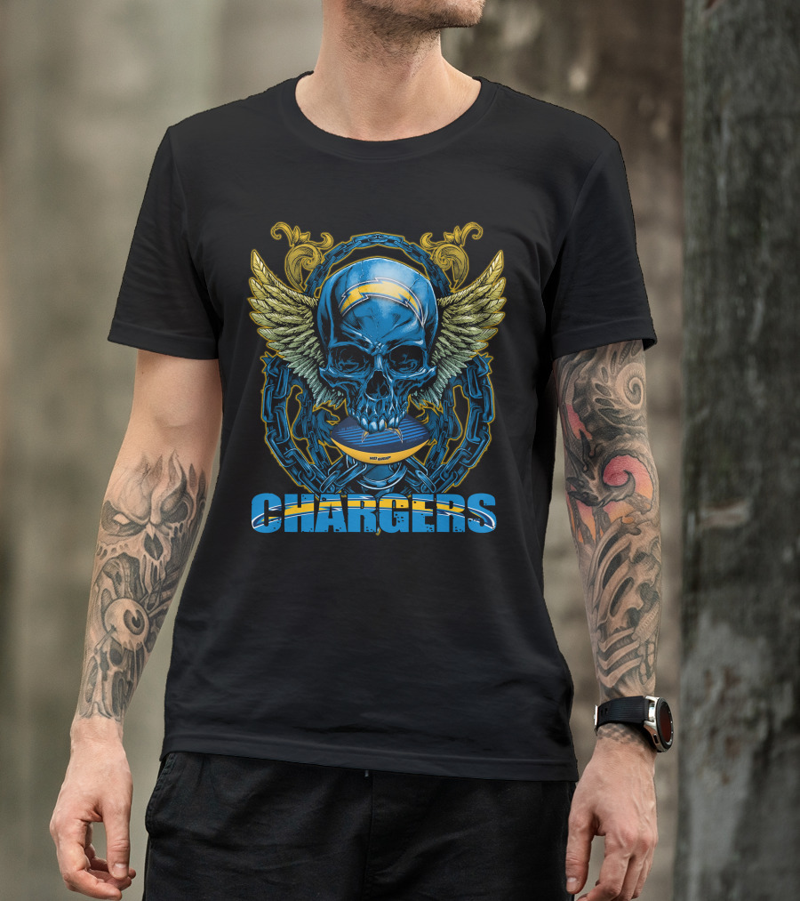 Skullfb Chargers Los Angeles Winged Skull Football Helmet And Chains T-Shirt